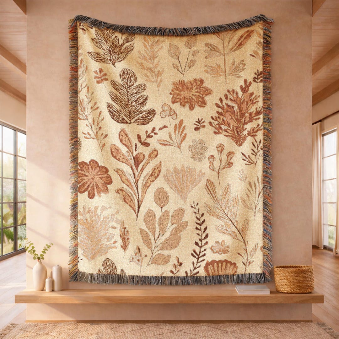 Earth Tone Botanical Woven Blanket, Neutral Fall Leaf Throw, Modern ...
