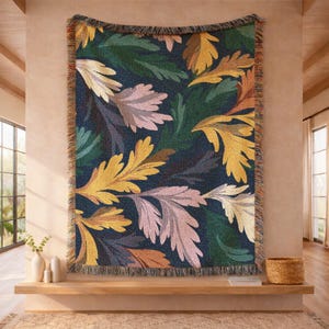 Dark Botanical Woven Blanket, Moody Floral Throw, Vintage Inspired Leaf Pattern, Cozy Cottage Decor, Nature Textile, Fall Home Accentb 00404