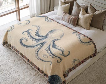 Octopus Woven Blanket, Nautical Ocean Throw Blanket, Blue Sea Animal Decor, Beach House Coastal Style, Marine Creature Blanket Gift 0061