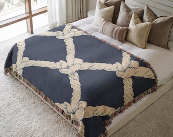Nautical Rope Woven Blanket, Navy Blue Coastal Throw Blanket, Marine Knot Bedspread, Ocean Theme Decor, Beach House Blanket Gift 0072