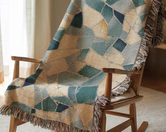 Mosaic Pattern Woven Blanket, Stained Glass Blue Throw, Geometric Abstract Tapestry, Cozy Modern Blanket, Gift For Home Decor Lovers 00193