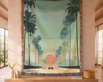 Palm Tree Sunset Woven Blanket,Coastal Beach Throw,California Retro Decor,Tropical Ocean View, Summer Home Accent, Vacation House Gift 00438