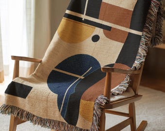 Bauhaus Woven Blanket, Geometric Modern Throw, Abstract Art Blanket, Mid Century Inspired Tapestry, Minimal Colorful Blanket 00272