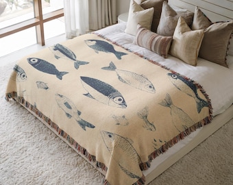 Vintage Fish Woven Blanket, Nautical Sea Life Throw, Blue Ocean Animal Tapestry, Coastal Beach Decor Gift, Maritime Fisherman Throw 0055