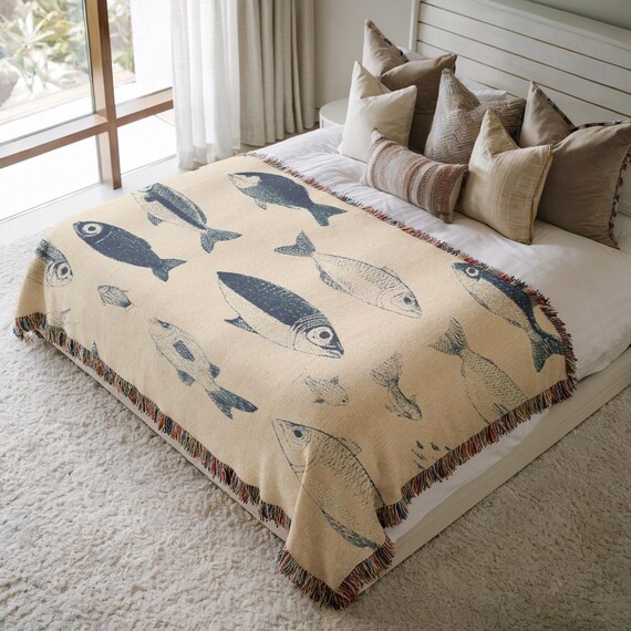 Vintage Fish Woven Blanket, Nautical Sea Life Throw, Blue Ocean Animal Tapestry, Coastal Beach Decor Gift, Maritime Fisherman Throw 0055
