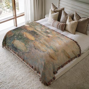 Monet Water Lily Woven Blanket, Impressionist Pond Throw, Pastel Garden Art Blanket, Soft Tapestry Throw for Bed or Couch Gift 00135