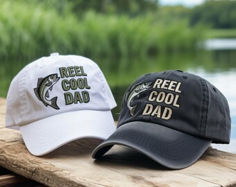 Reel Cool Dad Embroidered Wash Hat, Funny Fishing Baseball Cap, Father's Day Gift for Fisherman, Custom Bass Fish Hat, New Dad Gift for Him