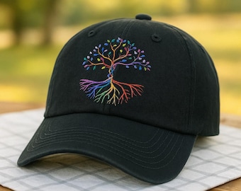 Tree of Life Embroidered Hat, Colorful Nature Cap, Wash Hat Baseball Cap, Spiritual Gift, Mindfulness Art Hat, Unisex Everyday Wear