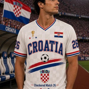 May include: A white V-neck jersey featuring the text CROATIA in blue, a soccer ball graphic, the Croatian flag, a gold trophy icon, and the text Checkered Match 26. The sleeves have blue and red stripes, and the number 26 is on each shoulder.