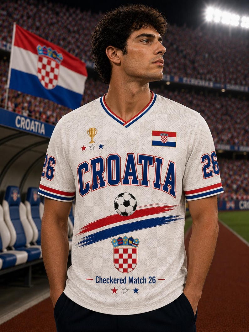 May include: A white V-neck jersey featuring the text CROATIA in blue, a soccer ball graphic, the Croatian flag, a gold trophy icon, and the text Checkered Match 26. The sleeves have blue and red stripes, and the number 26 is on each shoulder.