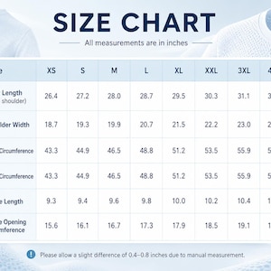 May include: A light blue size chart for a shirt with columns for sizes XS through 5XL. The table lists measurements in inches for shirt length, shoulder width, chest circumference, waist circumference, sleeve length, and sleeve opening circumference.