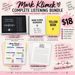 May include: A digital study bundle featuring a laptop displaying Mark Klimek lecture audio, a spiral-bound workbook, a yellow book, a stack of key notes with colorful icons, and a stack of lecture transcripts, all presented on a light pink background.