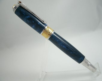 Rhodium & Gold Art Deco Pen with Blue Acrylic