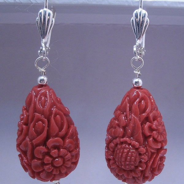 Red or Ivory Carved Coral Teardrop Earrings