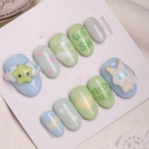 Mint Green Kidcore Press on Nails, 3D Star and Bunny False Nails, Pastel Blue Y2K Aesthetic Nail Art, Handmade Gel Nails, 10pcs Set