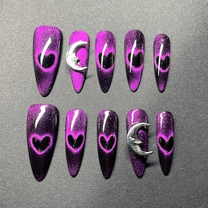 Purple Chrome Heart Press On Nails, Moon Charm Nail Set, Galaxy Glitter Nails, Long Stiletto Nails, Edgy Glam Nails