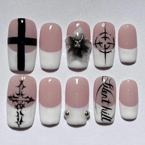 Silent Hill Press on Nails, Gothic Horror Nail Art, Cyber Sigilism Cross Nails, Hand Painted Horror Aesthetic, Reusable Full Set