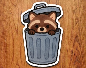 Funny Raccoon in Trash Can Sticker: Waterproof Vinyl Decal