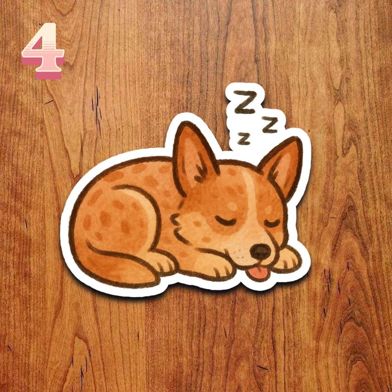 May include: A sticker featuring a cartoon illustration of a sleeping dog. The dog is brown and white with its tongue sticking out. The word "Z" is repeated three times above the dog's head. The number "4" is in the upper left corner.