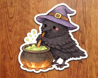 Witch Raven Sticker – Raven Stirring Cauldron Waterproof Vinyl Decal