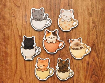 Kawaii Teacup Cat Sticker Set, Waterproof Vinyl Decals, Various Cat Types