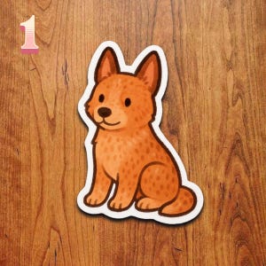 May include: A sticker featuring a cartoon dog in shades of orange and brown, with a white border. The dog is sitting, with its ears perked up and a friendly expression. A pink number 1 is in the upper left corner.