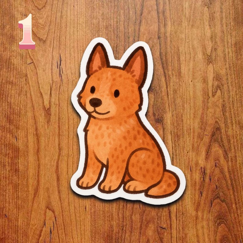 May include: A sticker featuring a cartoon dog in shades of orange and brown, with a white border. The dog is sitting, with its ears perked up and a friendly expression. A pink number 1 is in the upper left corner.
