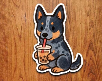 Blue Heeler Boba Tea Sticker: Kawaii Cattle Dog Vinyl Decal