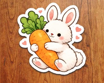Bunny With Huge Carrot Sticker – Kawaii Rabbit Vinyl Decal Waterproof