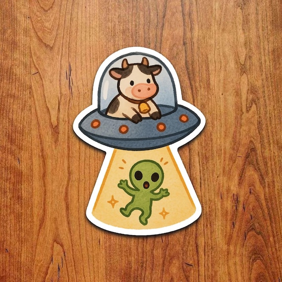 Cow Abducting Alien Sticker – Funny Kawaii UFO Vinyl Decal