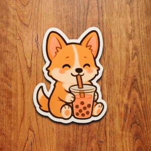Cute Corgi Drinking Boba Tea Sticker, Kawaii Puppy Vinyl Decal for Laptops Water Bottles Journals Scrapbooking and Gifts
