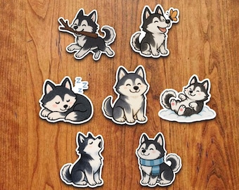Pacote de adesivos de vinil Kawaii Husky: Adesivos impermeáveis de cães de trenó