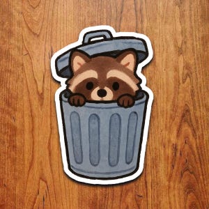Funny Raccoon in Trash Can Sticker: Waterproof Vinyl Decal