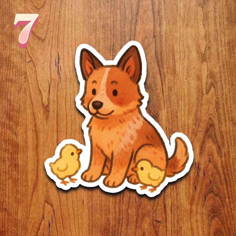 May include: A sticker featuring a cartoon-style dog with brown and white fur, sitting with two yellow chicks. The number 7 is in the upper left corner. The sticker is on a wooden background.