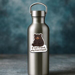 May include: A stainless steel water bottle with a silver handle. A sticker of a cartoon bear with the text "if not friend, why friend shaped?" is affixed to the bottle. The bear is brown with a white cloud-shaped background.