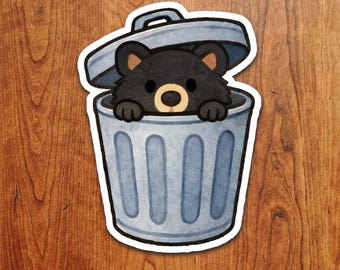 Funny Bear in Trash Can Sticker: Waterproof Vinyl Decal
