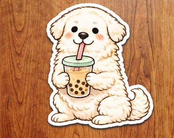 Kawaii Great Pyrenees Drinking Boba Tea Vinyl Sticker: Waterproof Laptop Decal