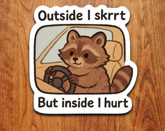 Outside I Skrrt But Inside I Hurt Funny Racoon Sticker Vinyl Decal