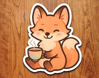 Kawaii Fox Drinking Tea Vinyl Sticker, Cozy Laptop Decal