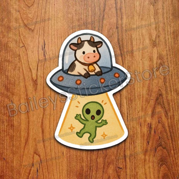 Cow Abducting Alien Sticker – Funny Kawaii UFO Vinyl Decal