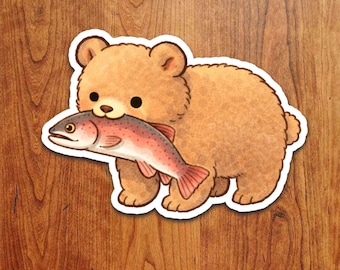 Bear With Fish Sticker– Kawaii Bear Carrying Salmon Vinyl Decal