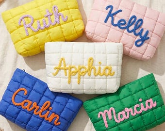 Custom Quilted Nylon Makeup Bag, Personalized Embroidered Cosmetic Pouch, Bridesmaid Proposal Gift, Travel Toiletry Bag