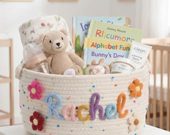 Custom Candy Basket, Baby Name Storage Basket, Baby Shower Gift, Baby Gift Basket, Toy Organizer, Cotton Knitted Nursery Storage