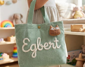 Personalized Kids Tote Bag, Custom Name Corduroy Handbag, Toddler Gift, Baby Shower Gift, Girls Birthday Bag, Preschool Tote