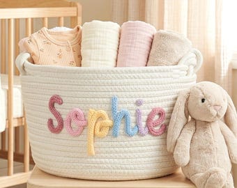 Personalized Kids Storage Basket, Custom Name Rope Basket, Toy Book Organizer, Nursery Decor, Baby Shower Gift, Kids Room Basket
