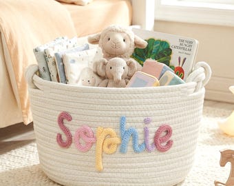 Personalized Name Basket, Handmade Cotton Rope Basket, Nursery Keepsake Gift, Baby Shower Gift, Custom Kids Room Decor