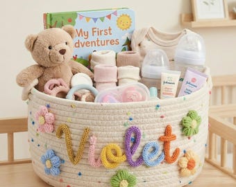 Personalized Woven Basket, Baby Shower Gift Basket, Nursery Storage Basket, Toy Organizer, Cotton Rope Basket