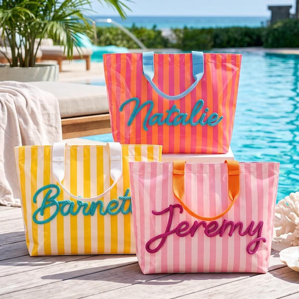 Personalized Water Resistant Beach Tote, Custom Striped Pool Bag, Chenille Name Tote, Large Vacation Bag, Bridesmaid Girls Trip Gift