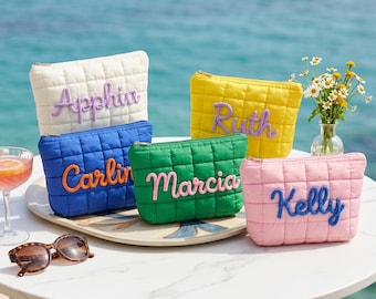 Personalized Quilted Makeup Bag, Custom Name Nylon Zipper Pouch, Bridesmaid Gift, Travel Cosmetic Puffer Bag, Gift for Her