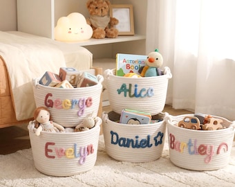 Custom Baby Basket, Personalized Name Rope Basket, Nursery Storage, Toy Organizer, Baby Shower Gift, Kids Room Decor